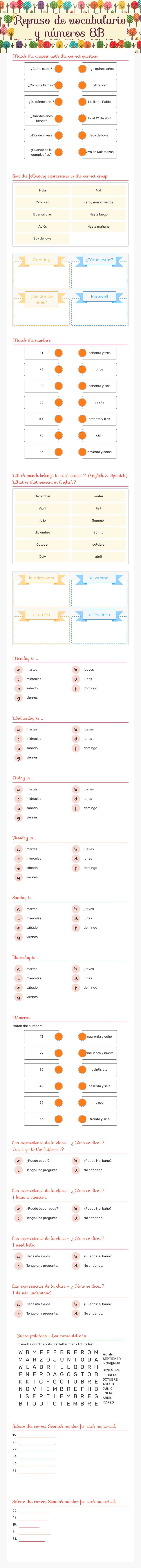Repaso de vocabulario y números 8B Grade 9 worksheet preview