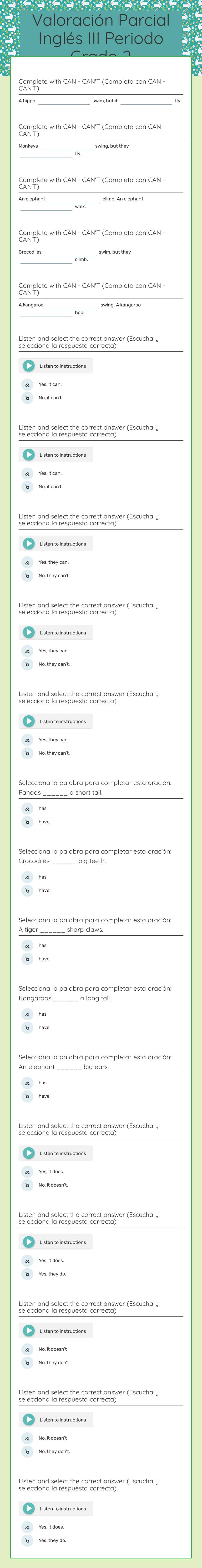 Valoración Parcial Inglés III Periodo Grado 2 worksheet preview
