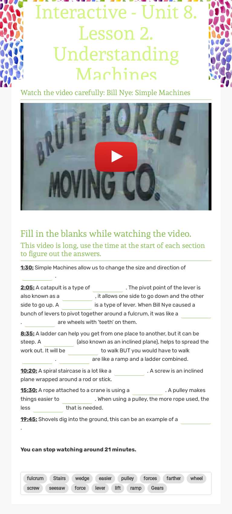 Interactive - Unit 8. Lesson 2. Understanding Machines worksheet preview image