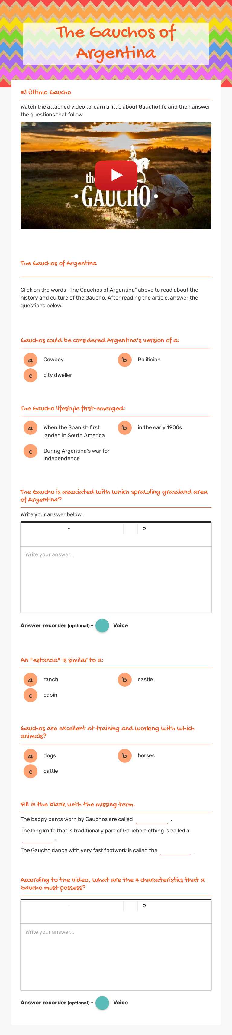 The Gauchos
of Argentina worksheet preview image