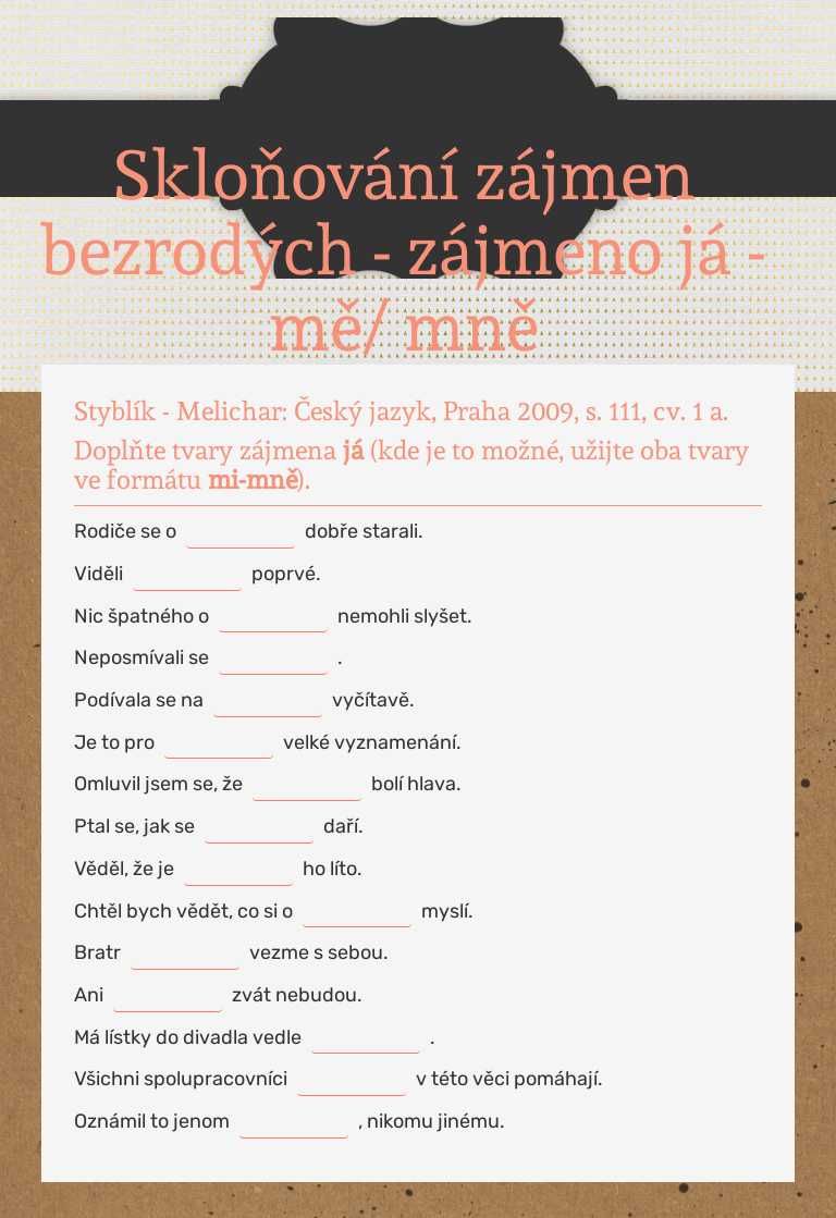 Skloňování zájmen bezrodých - 
zájmeno já - mě/ mně worksheet preview image