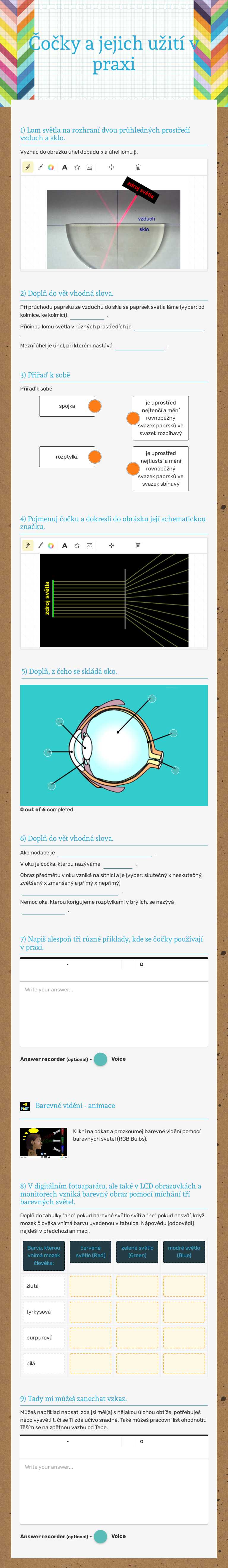 Čočky a jejich užití v praxi Grade 9 worksheet preview