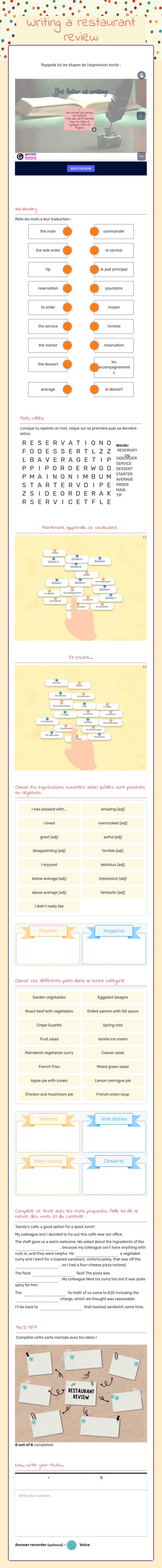 Writing a restaurant review worksheet preview image