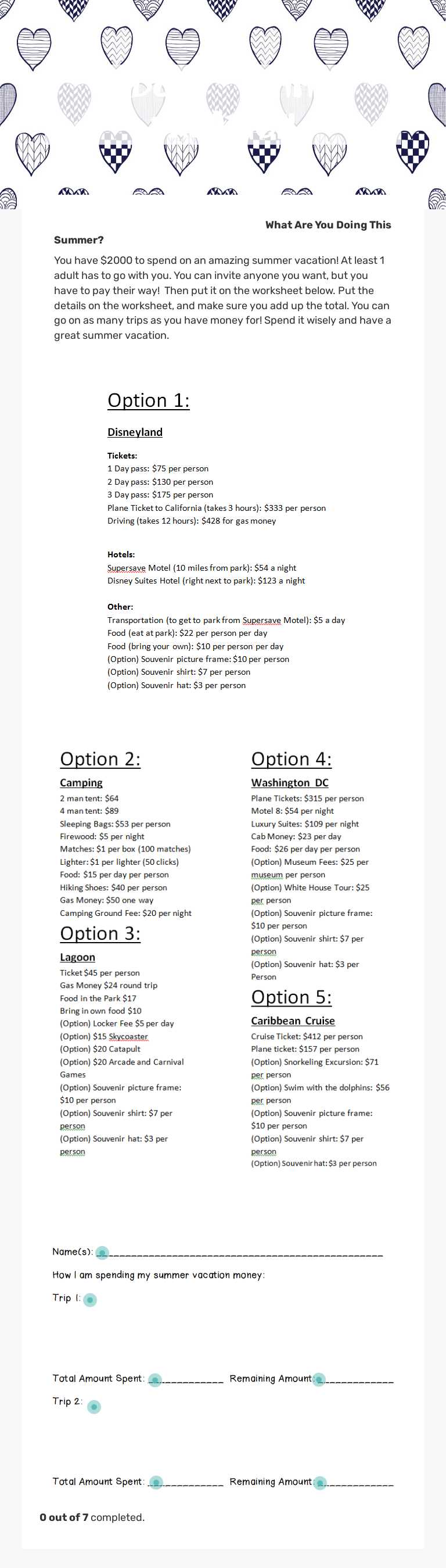 Budget: Summer Vacation worksheet preview image