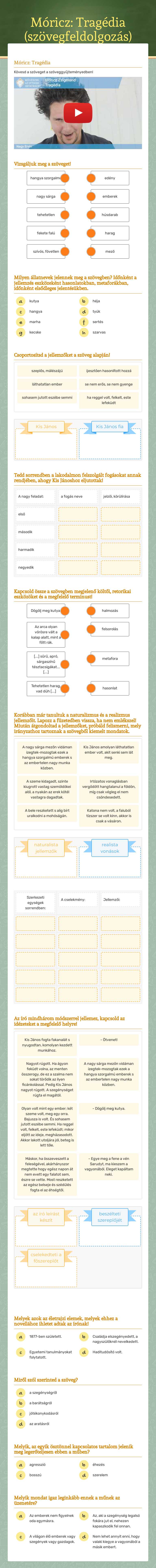 Móricz: Tragédia (szövegfeldolgozás) worksheet preview image