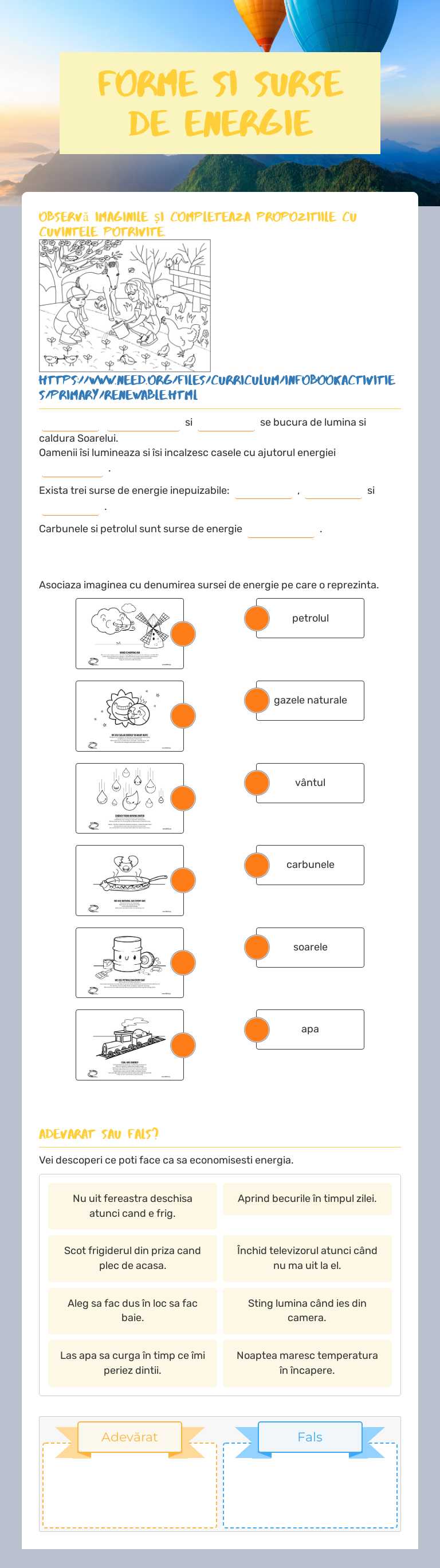 Forme si surse de energie Grade 1 worksheet preview
