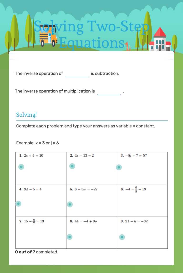 Solving Two-Step Equations Grade 6 worksheet preview