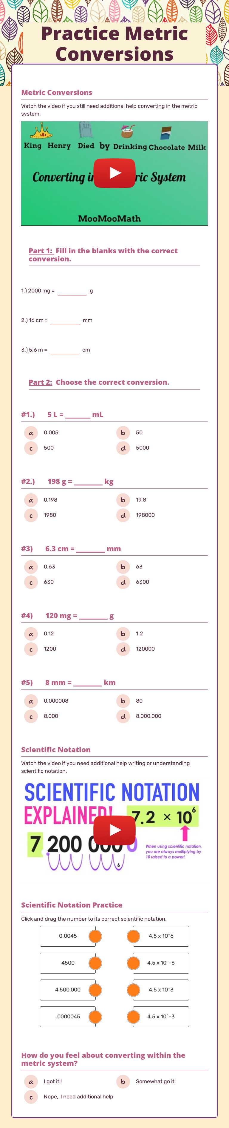 Practice Metric Conversions Grade 9 worksheet preview