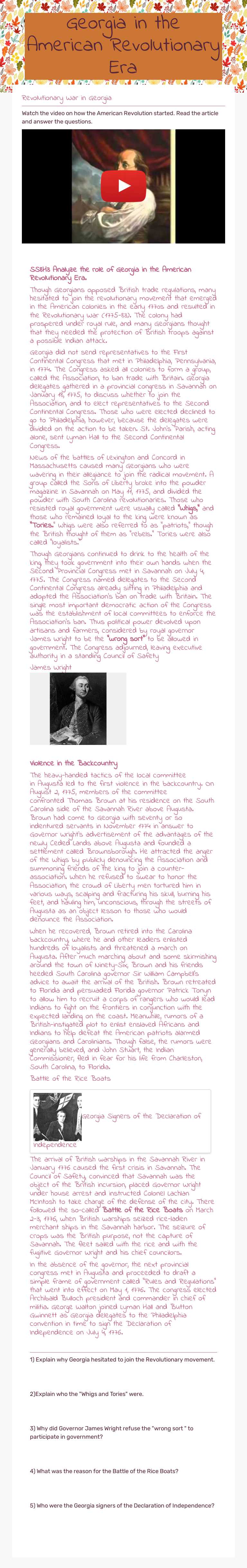 Georgia in the American Revolutionary Era worksheet preview image