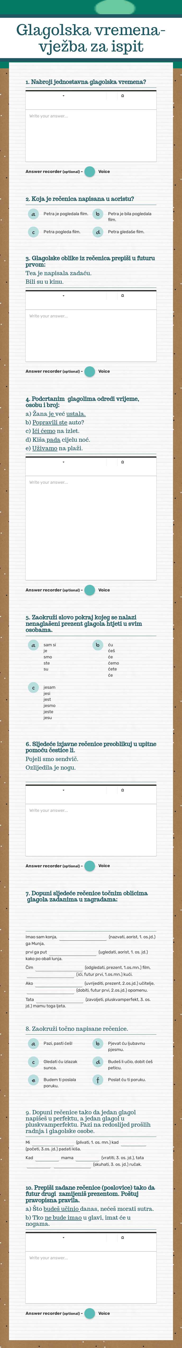 Glagolska vremena-
 vježba za ispit worksheet preview image