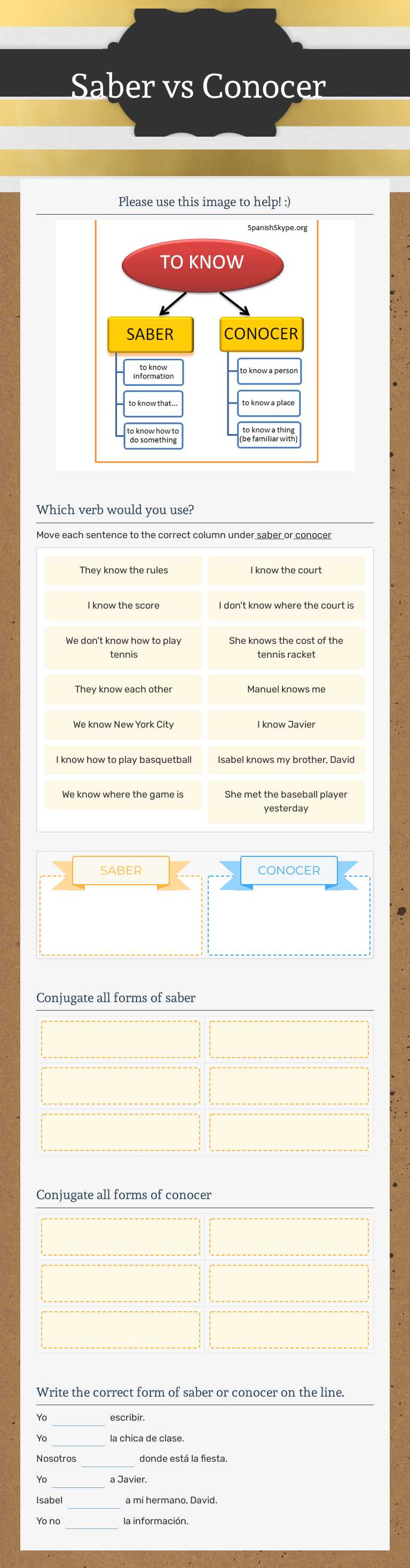 Saber vs Conocer worksheet preview image