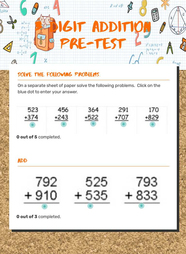 3 digit addition  Pre-test worksheet preview image