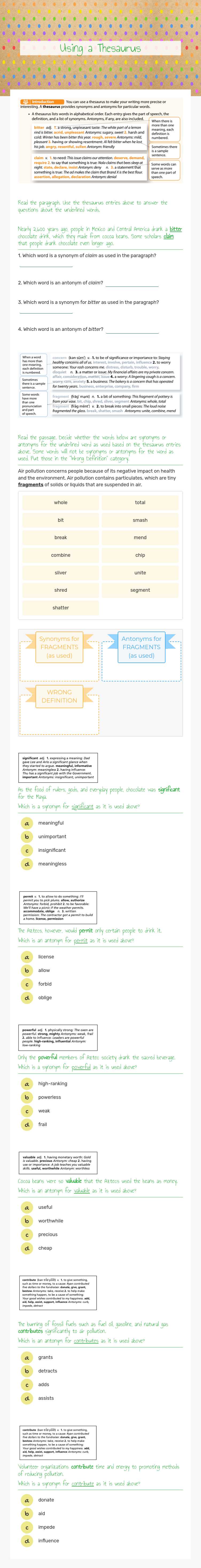 Using a Thesaurus worksheet preview image