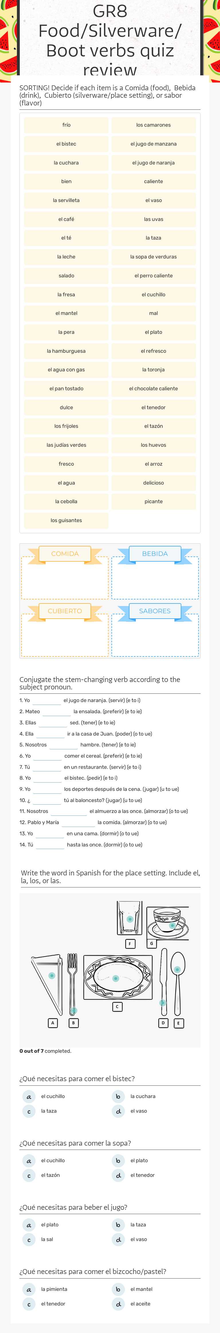 GR8 Food/Silverware/Boot verbs quiz review worksheet preview image