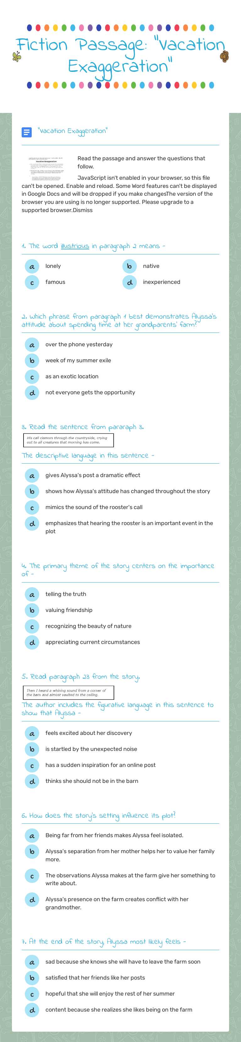 Fiction Passage:
"Vacation Exaggeration" worksheet preview image