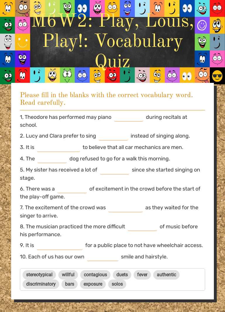 M6W2: Play, Louis, Play!: Vocabulary Quiz worksheet preview image