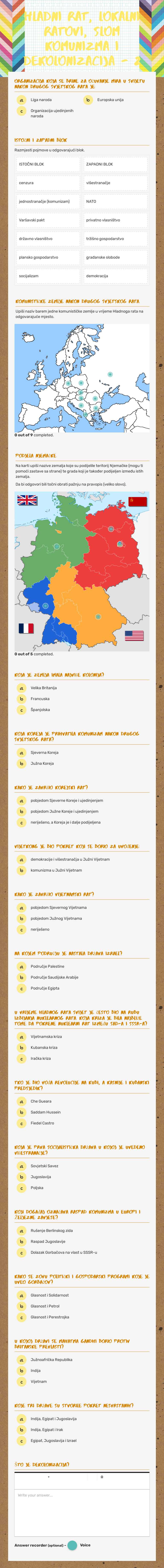 hladni rat, Lokalni ratovi, slom komunizma i  dekolonizacija -novo Grade 8 worksheet preview