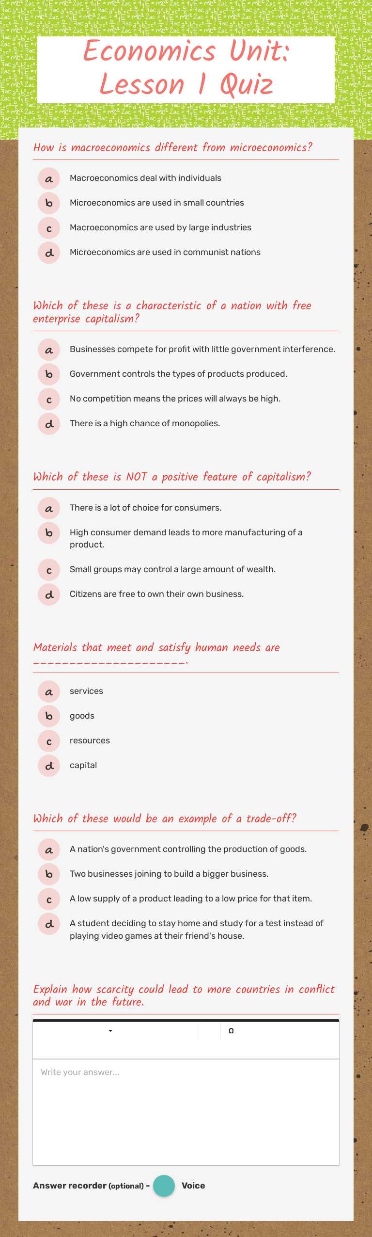 Economics Unit:  Lesson 1 Quiz worksheet preview image