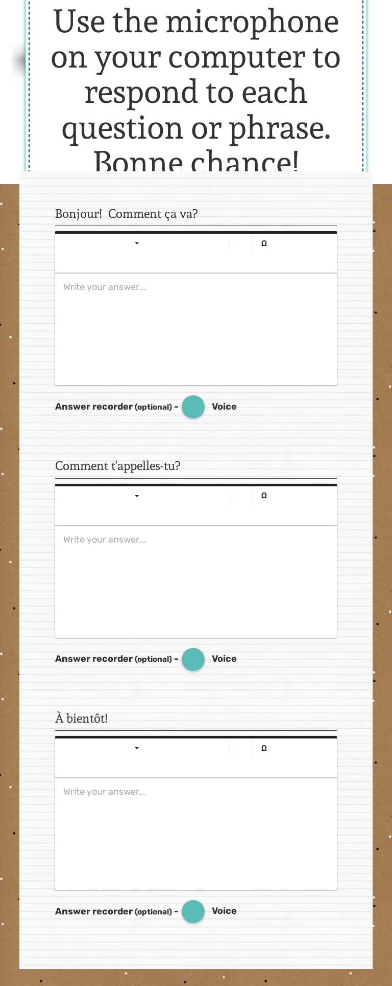 Use the microphone on your computer to respond to each question or phrase.  Bonne chance! worksheet preview image