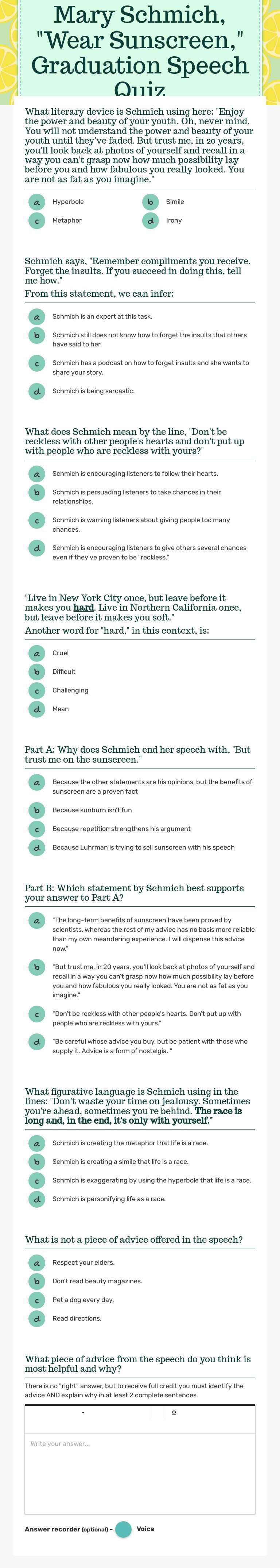 Mary Schmich, "Wear Sunscreen," Graduation Speech Quiz Grade 8 worksheet preview