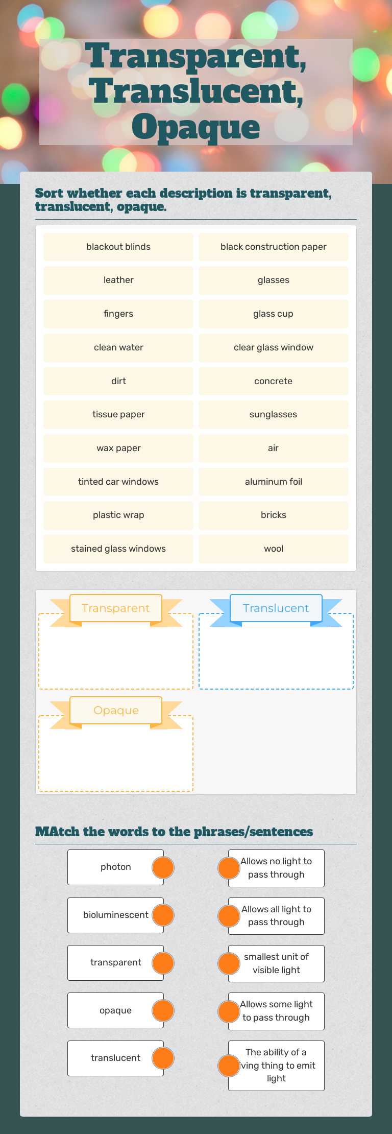 Transparent, Translucent, Opaque worksheet preview image
