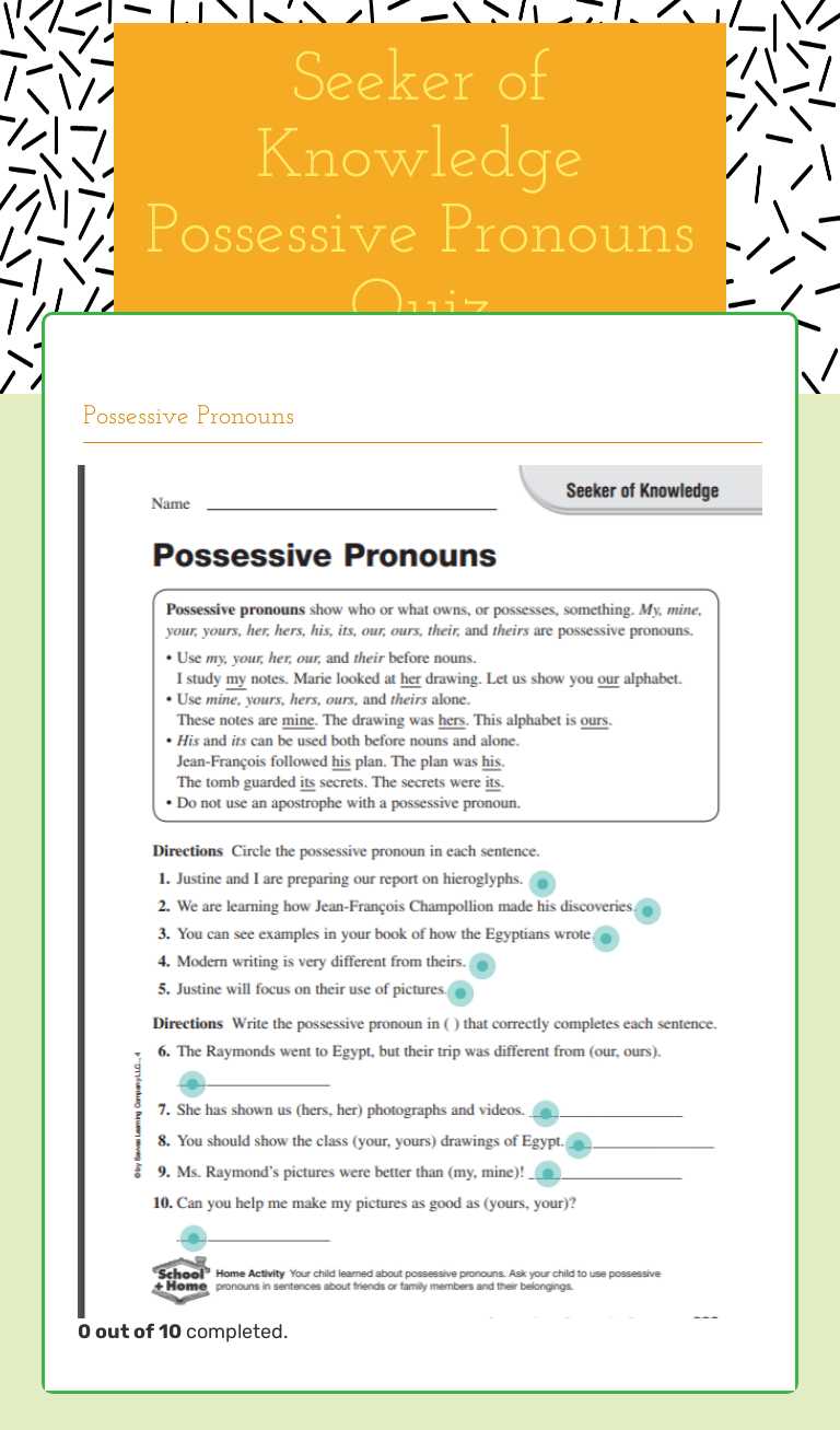 Seeker of Knowledge Possessive Pronouns Quiz worksheet preview image