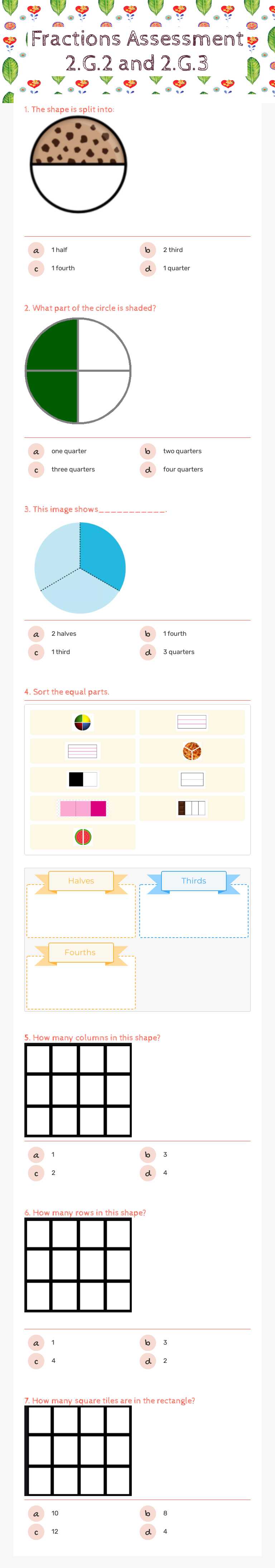 Fractions Assessment 2.G.2 and 2.G.3 Grade 2 worksheet preview