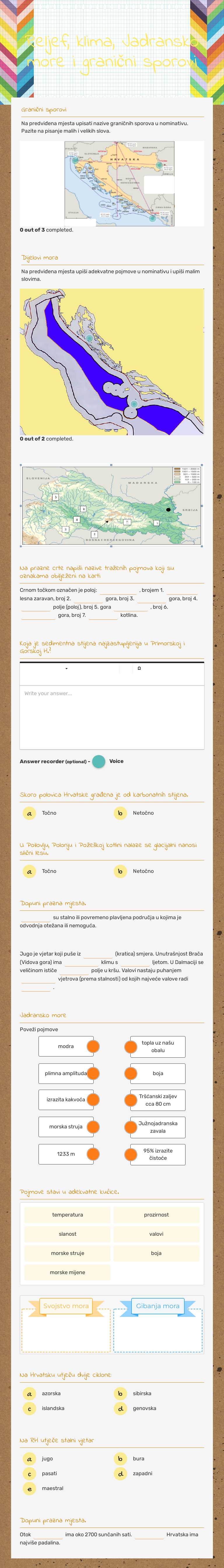Reljef, klima, Jadransko more i granični sporovi worksheet preview image