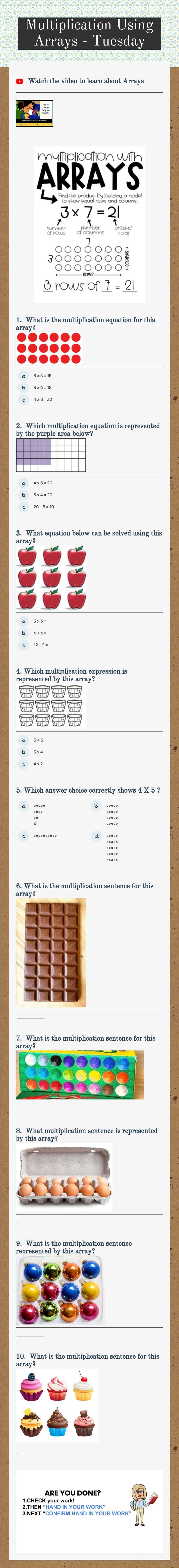 Multiplication Using Arrays - Tuesday worksheet preview image