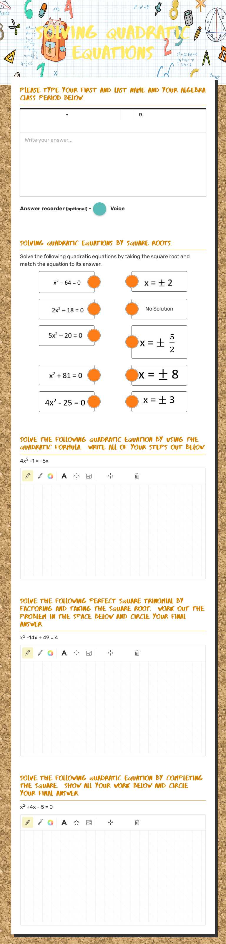 Solving Quadratic Equations worksheet preview image