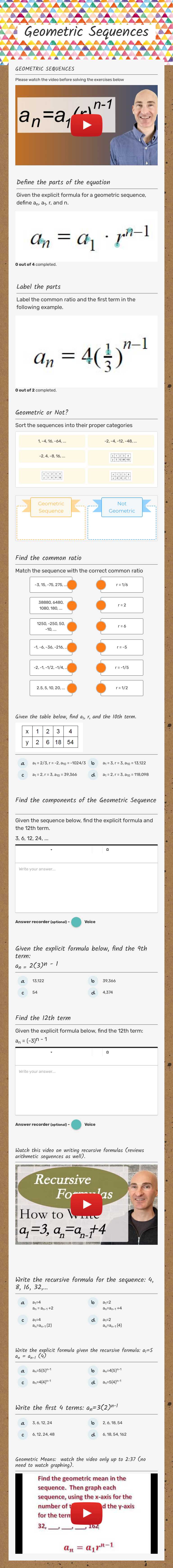 Geometric Sequences worksheet preview image