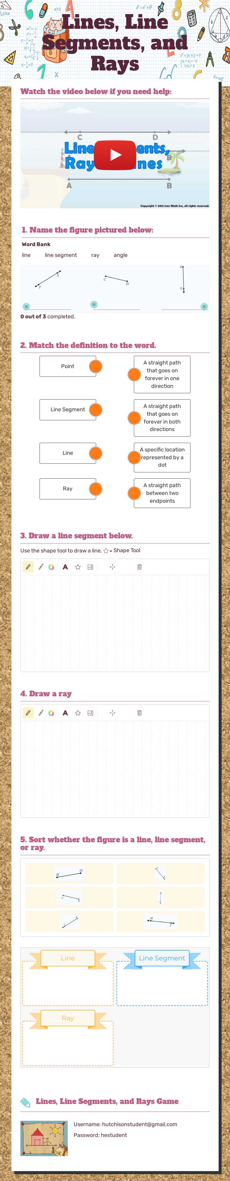Lines, Line Segments, and Rays Grade 3 worksheet preview