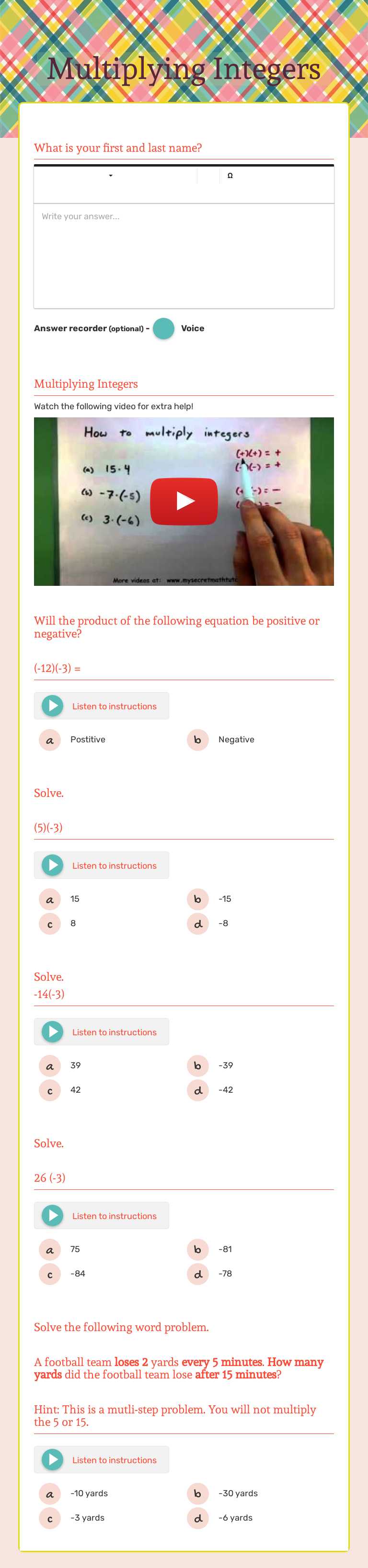 Multiplying Integers worksheet preview image