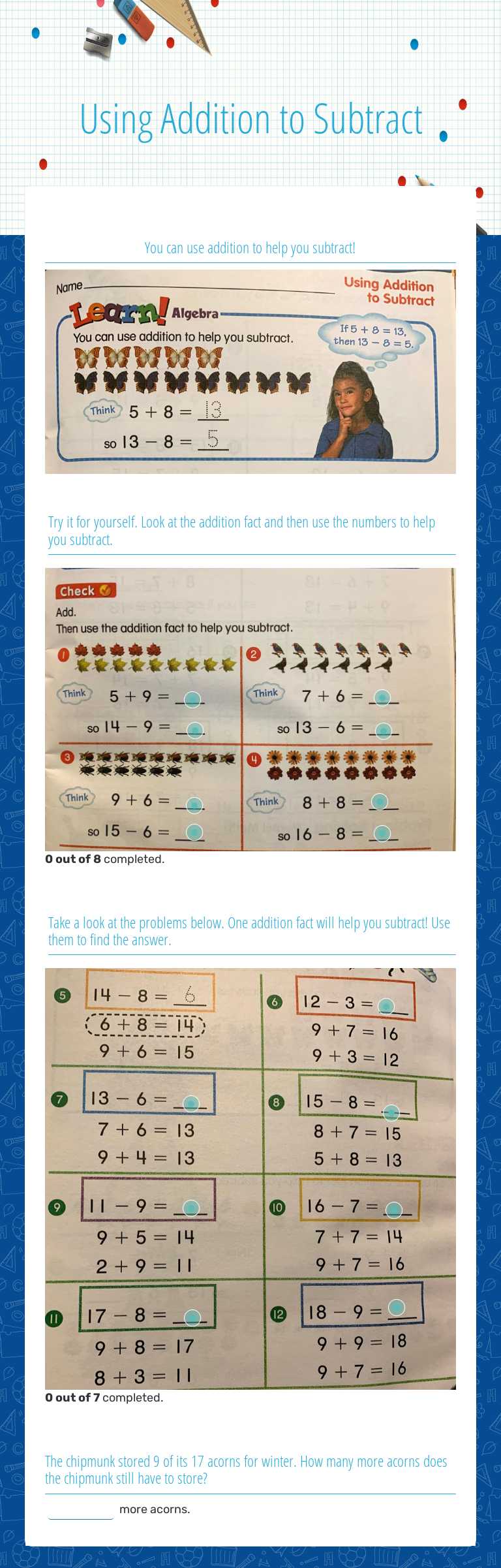 Using Addition to Subtract worksheet preview image