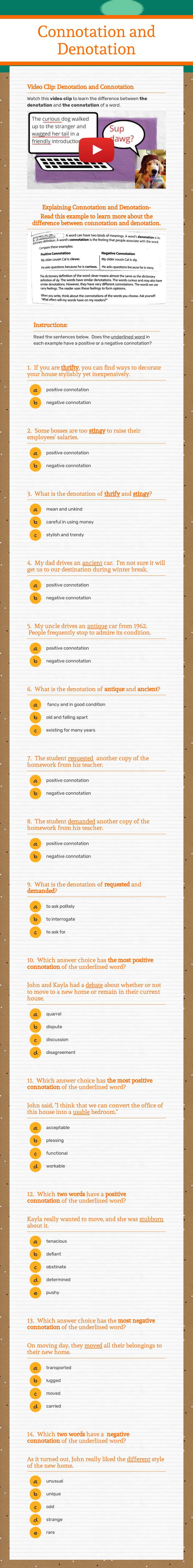 Connotation and Denotation Grade 7 worksheet preview