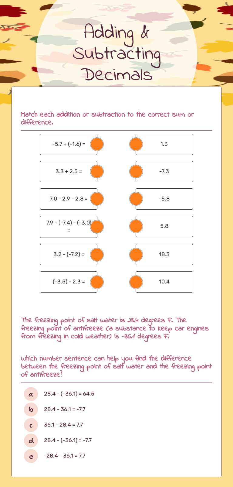 Adding & Subtracting Decimals Grade 7 worksheet preview