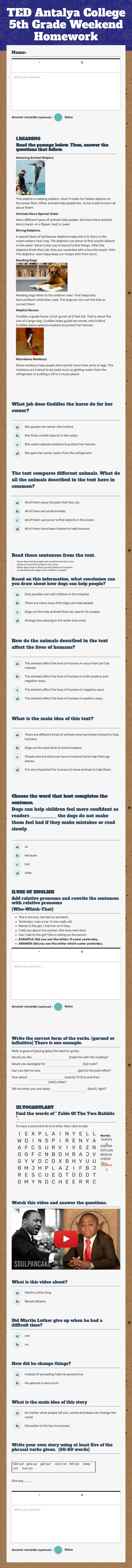 TED Antalya College 5th Grade Weekend Homework Grade 4 worksheet preview