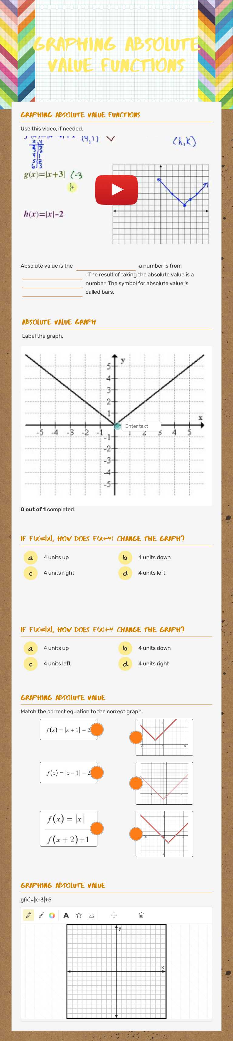 Graphing Absolute Value Functions Grade 10 worksheet preview