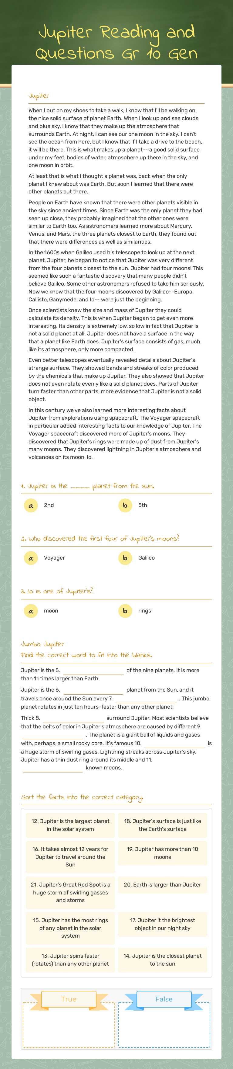 Jupiter Reading and Questions Gr 10 Gen worksheet preview image