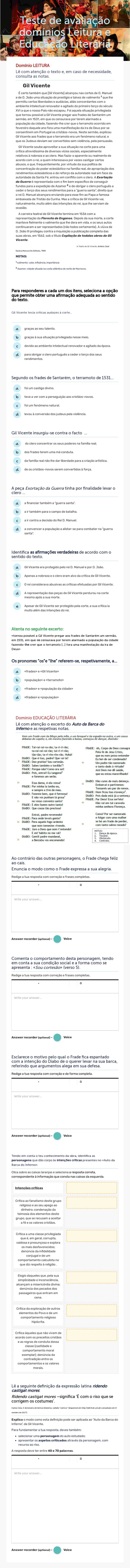 Teste de avaliação domínios Leitura e Educação Literária worksheet preview image