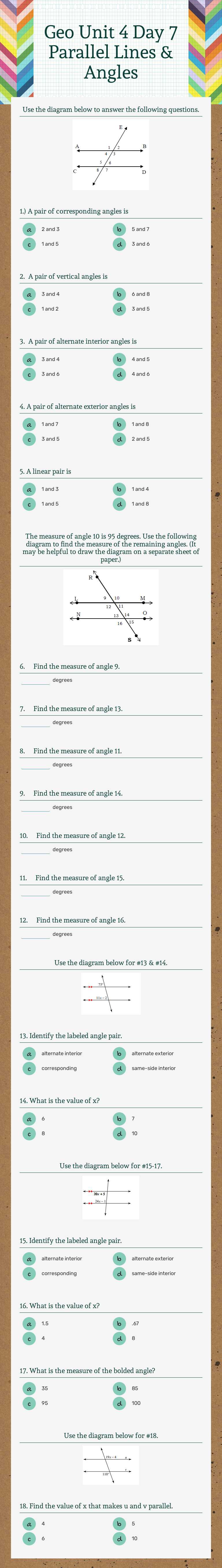 Geo Unit 4 Day 7   Parallel Lines & Angles worksheet preview image