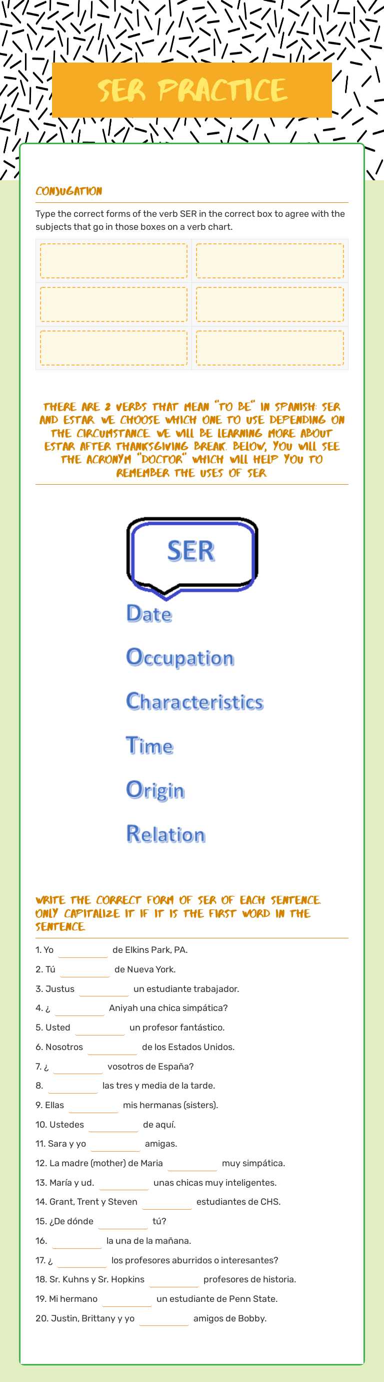 Ser practice worksheet preview image