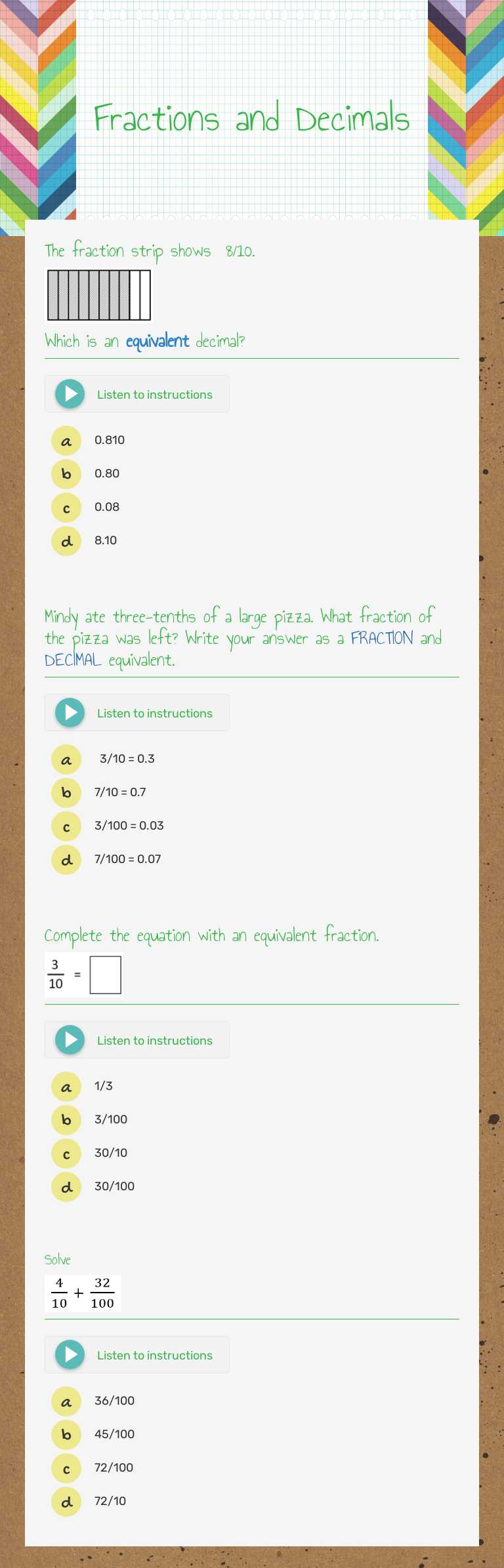 Fractions and Decimals worksheet preview image