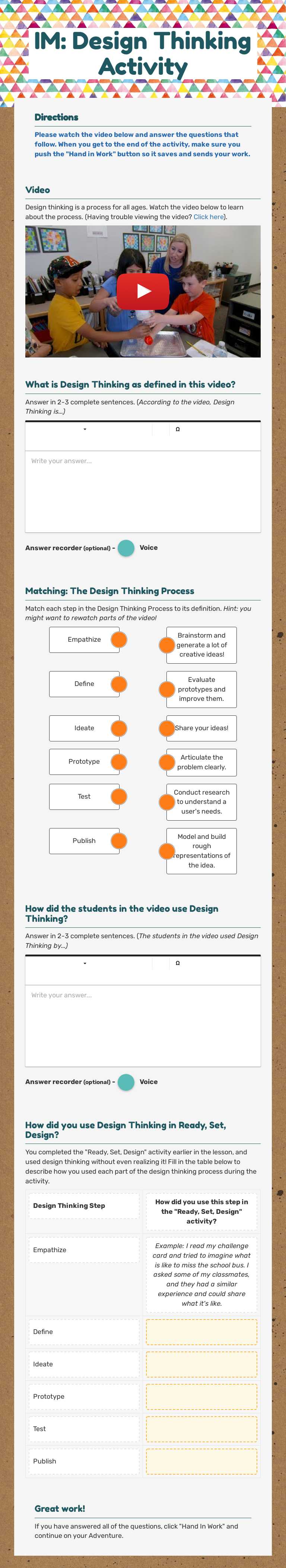 IM: Design Thinking Activity Grade 8 worksheet preview