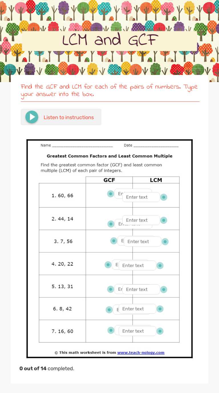 LCM and GCF worksheet preview image