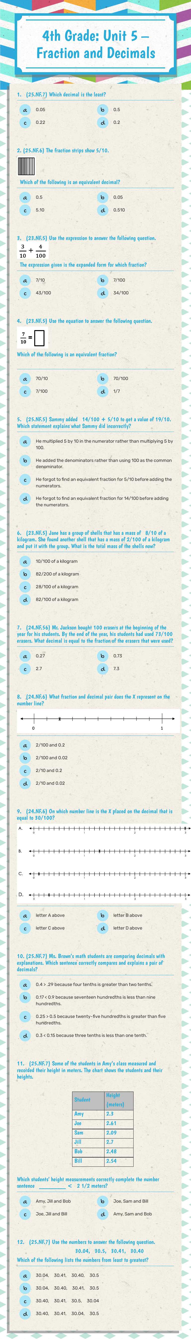 4th Grade: Unit 5 – Fraction and Decimals worksheet preview image