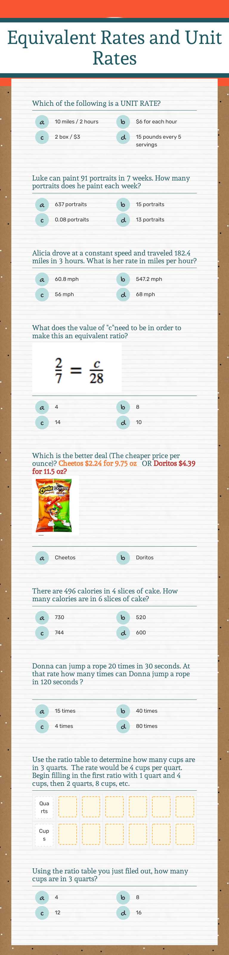 Equivalent Rates and Unit Rates Grade 6 worksheet preview