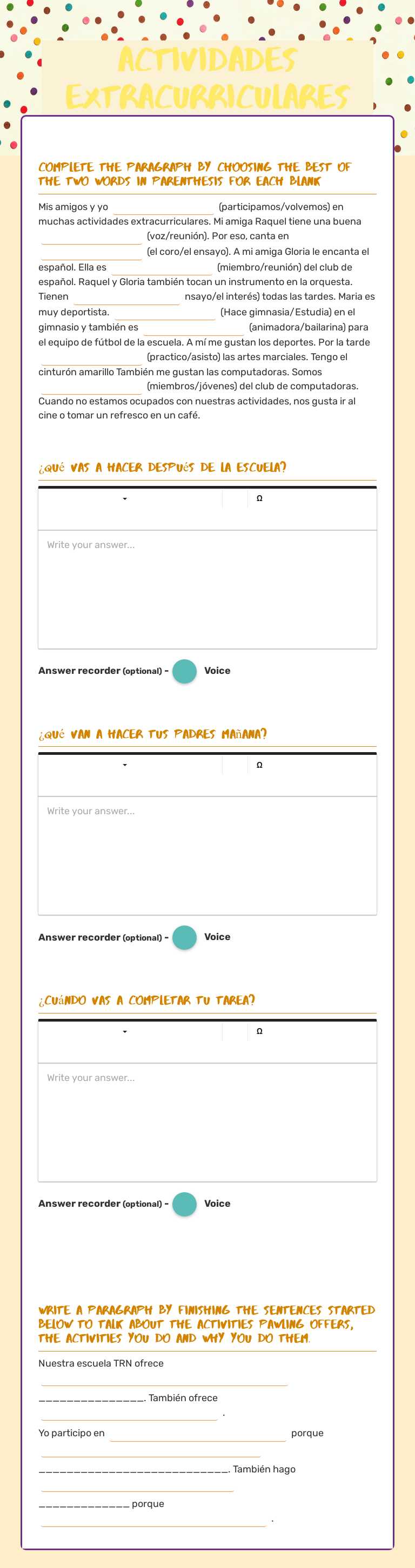 Actividades extracurriculares worksheet preview image