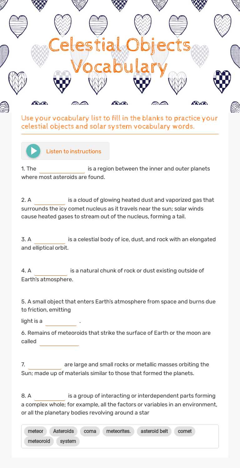 Celestial Objects Vocabulary worksheet preview image