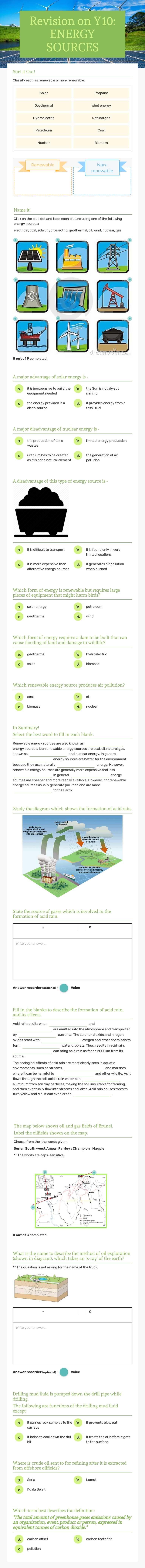Revision on Y10: ENERGY SOURCES Grade 10 worksheet preview